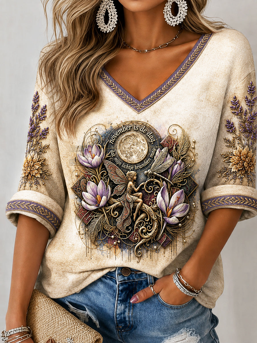 Nederlandse Halloween saffraanprint herfst V-hals T-shirt voor dames