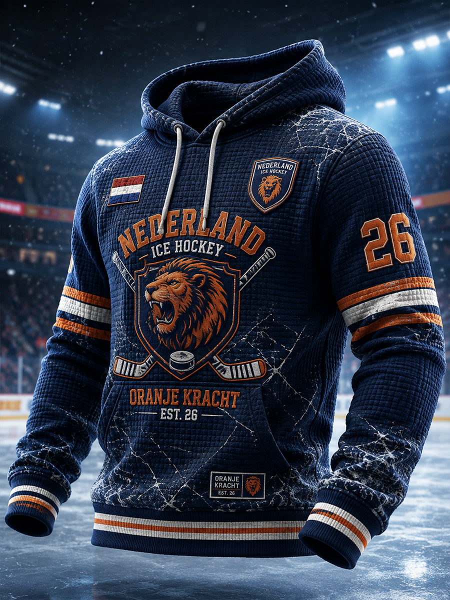 Herenhoodie van wafelbreiwerk met lange mouwen en een print met ijshockeythema