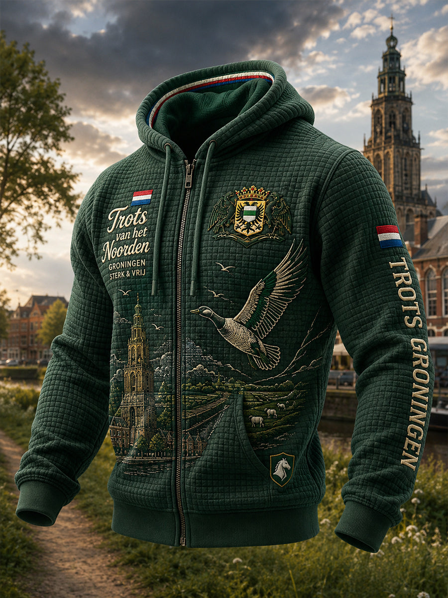 Heren wafel-gebreide capuchon met lange mouwen en zijrits met urban souvenir-stijl print