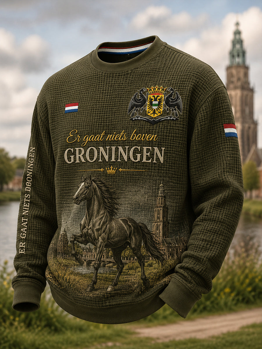 Herenhemd van wafelbreiwerk met lange mouwen en grafische stadscommemoratieprint