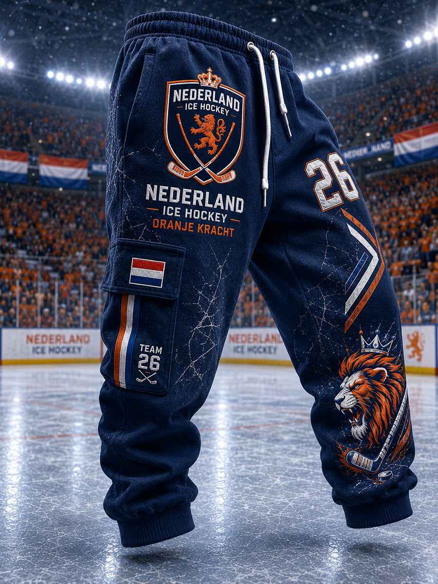 Atletische broek met herenprint geïnspireerd op ijshockey