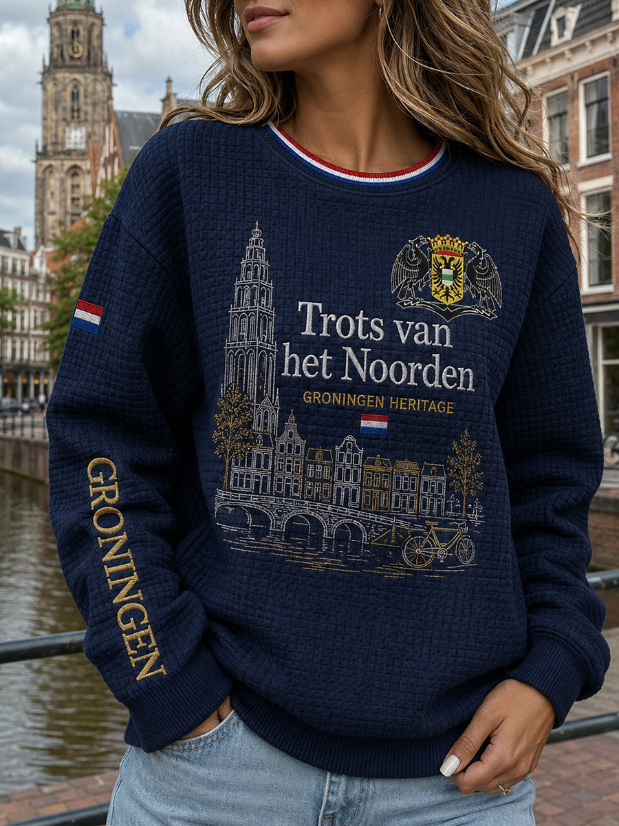 Damesstad-herinnering grafisch wafelgebreid longsleeve sweatshirt