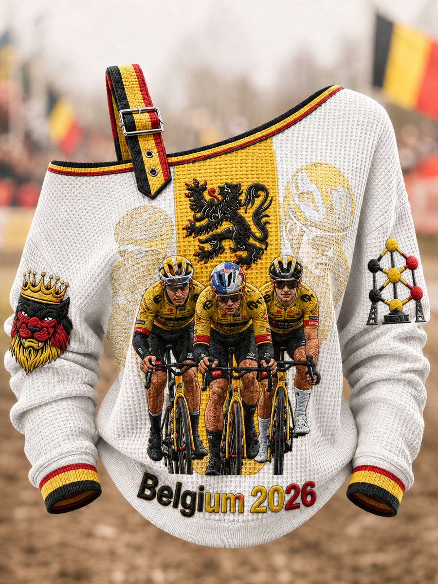 Dames België Cyclocross bedrukt met één schouder wafel casual sweatshirt