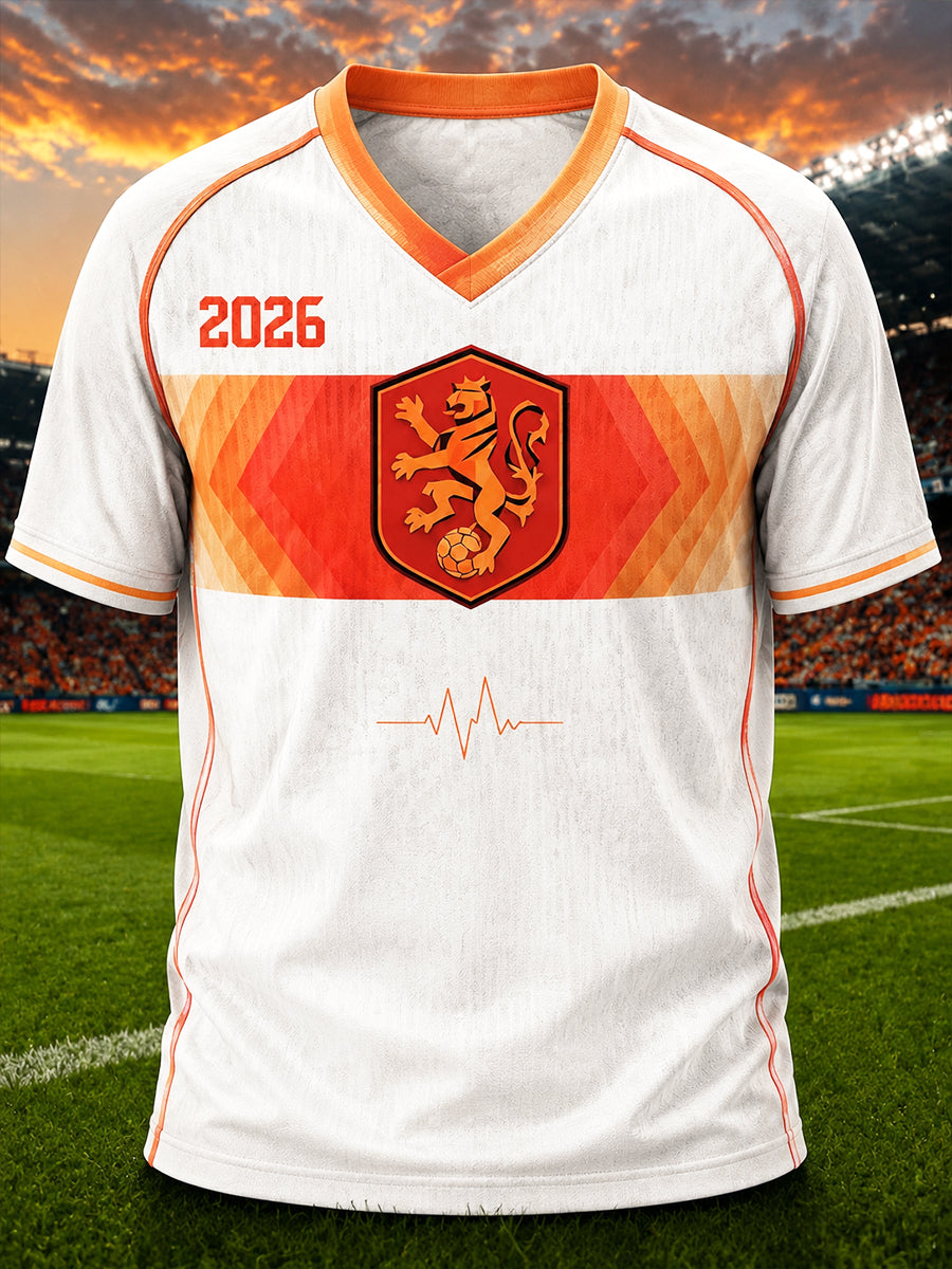 Casual t-shirt met v-hals en patchworkprint voor heren, voetbalthema