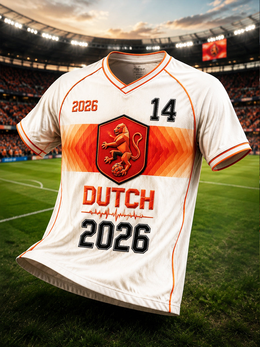 Heren T-shirt met wit Nederlands voetbalthema 2026, casual, bedrukt, met V-hals