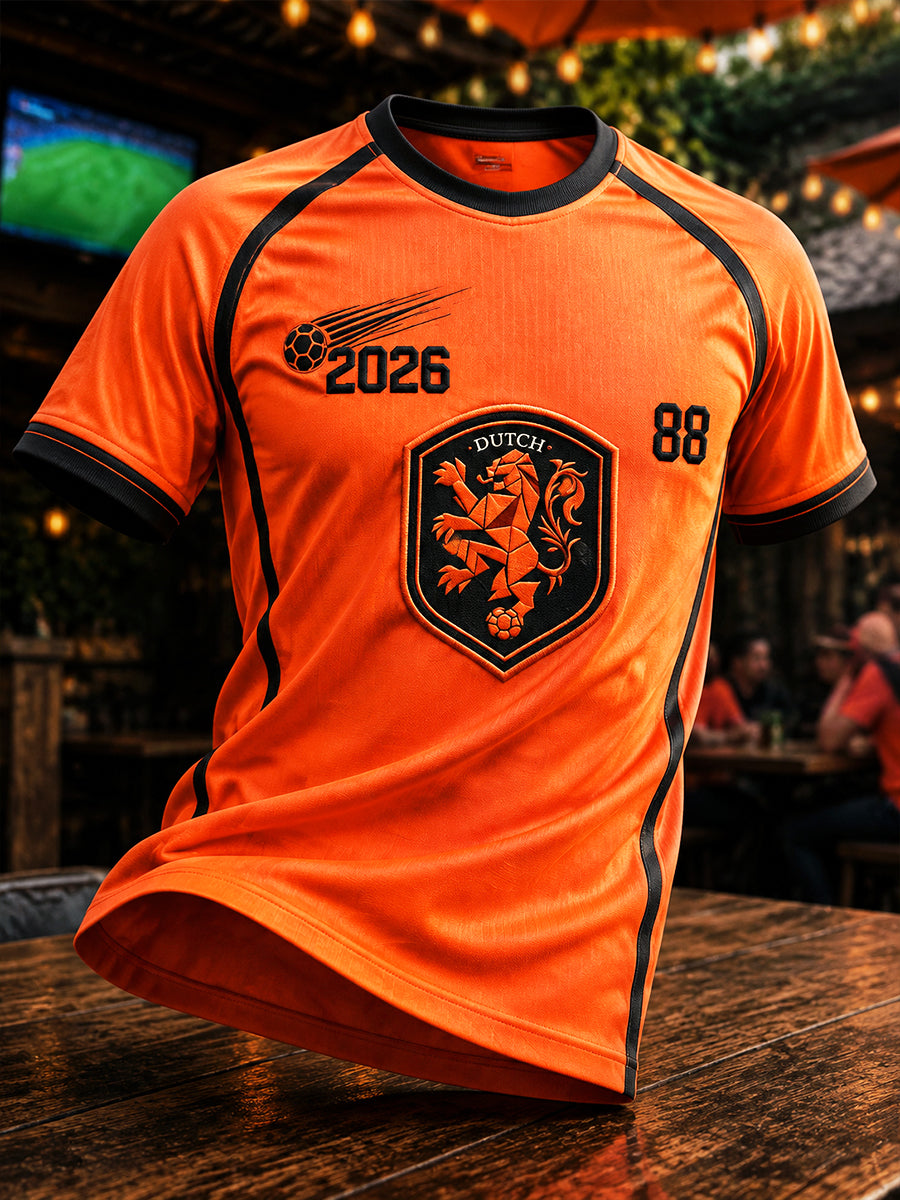 Oranje voetbaljersey voor heren met 2026-print, casual T-shirt