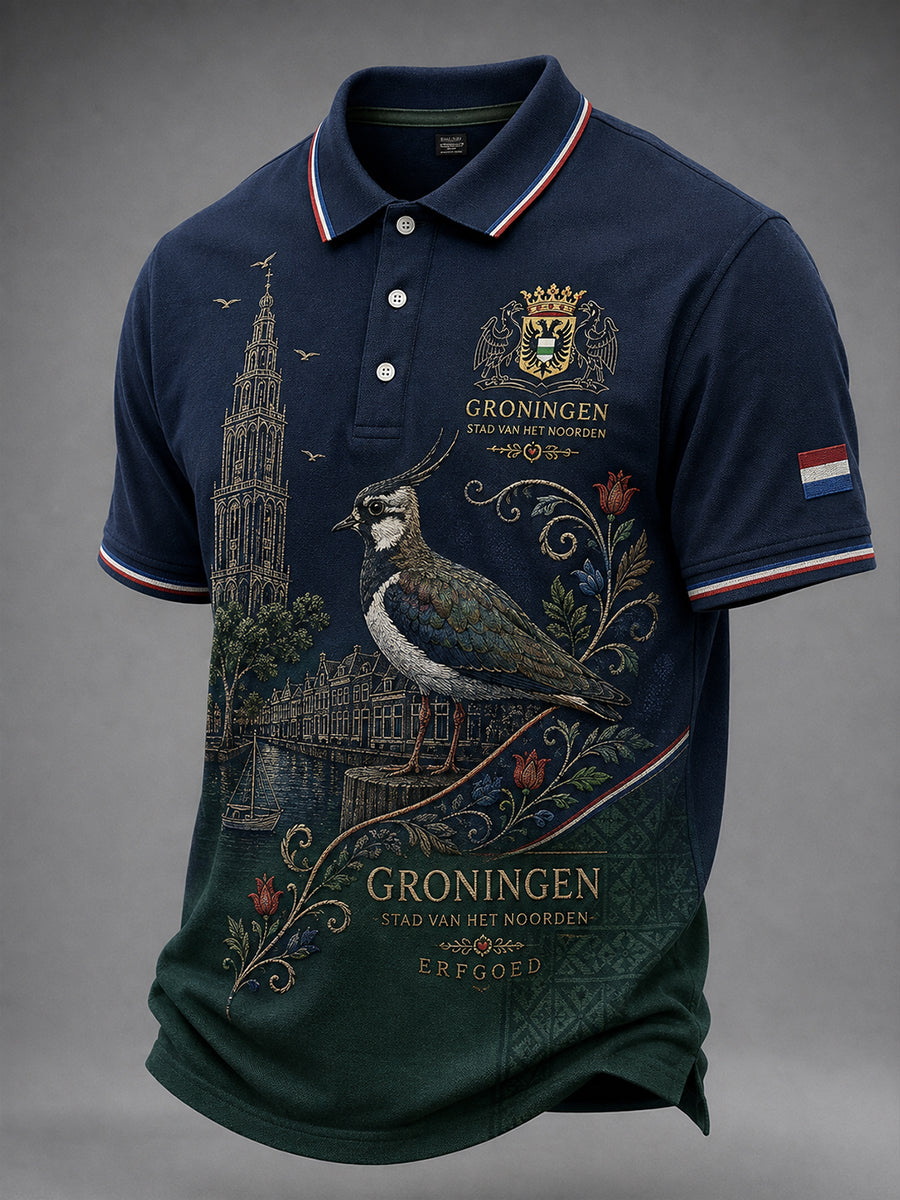 Heren Retro City-thema etnisch print poloshirt met korte mouwen