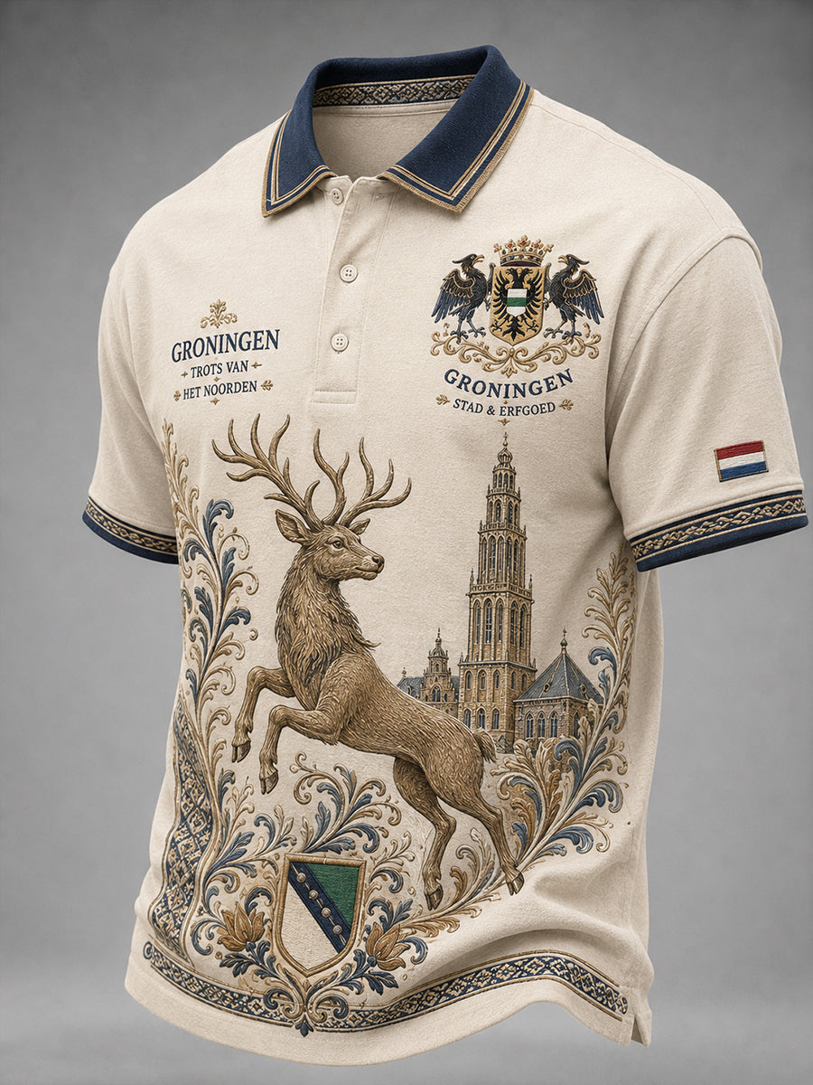 Herenpolo met retro stadsprint en etnisch motief, korte mouwen