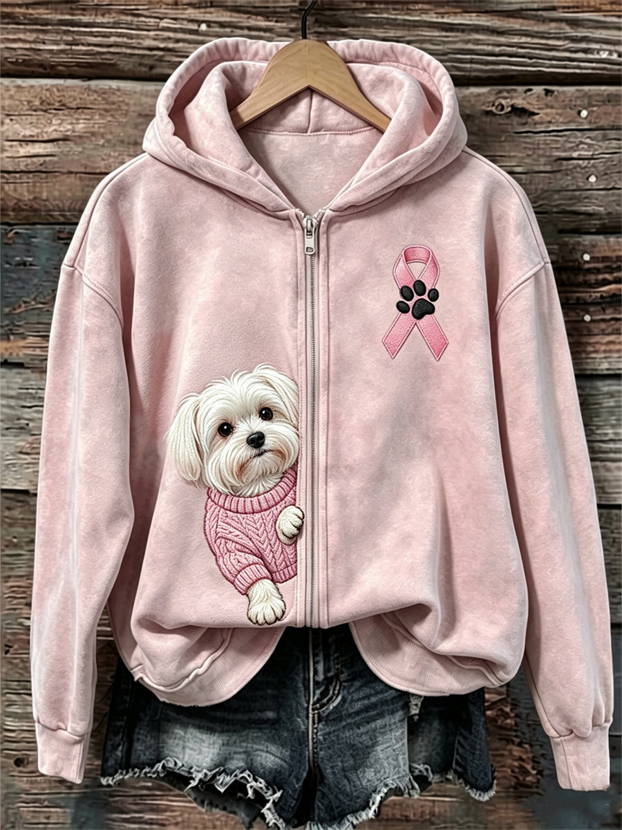 Dames griezelende Maltese hond roze lint borstkanker bewustzijn volledige rits hoodie