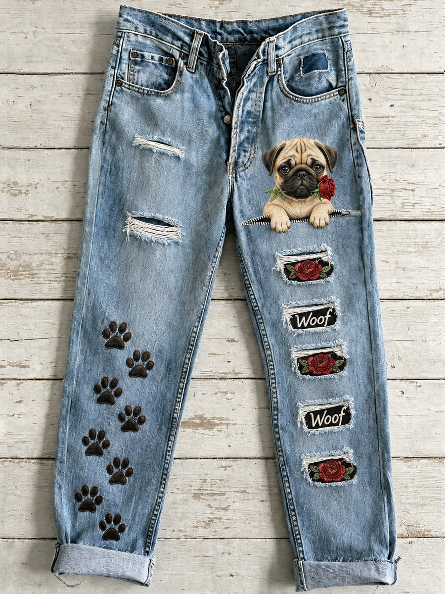 Damesbroek met schattige dieren- en hondenprint, uitlopend model