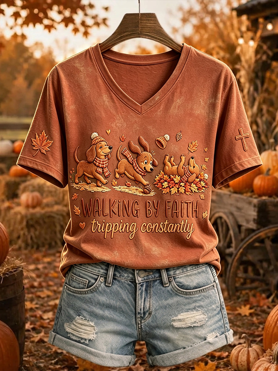 Damesloopshirt met geloofsboodschap, teckel en herfstbladeren, korte mouwen