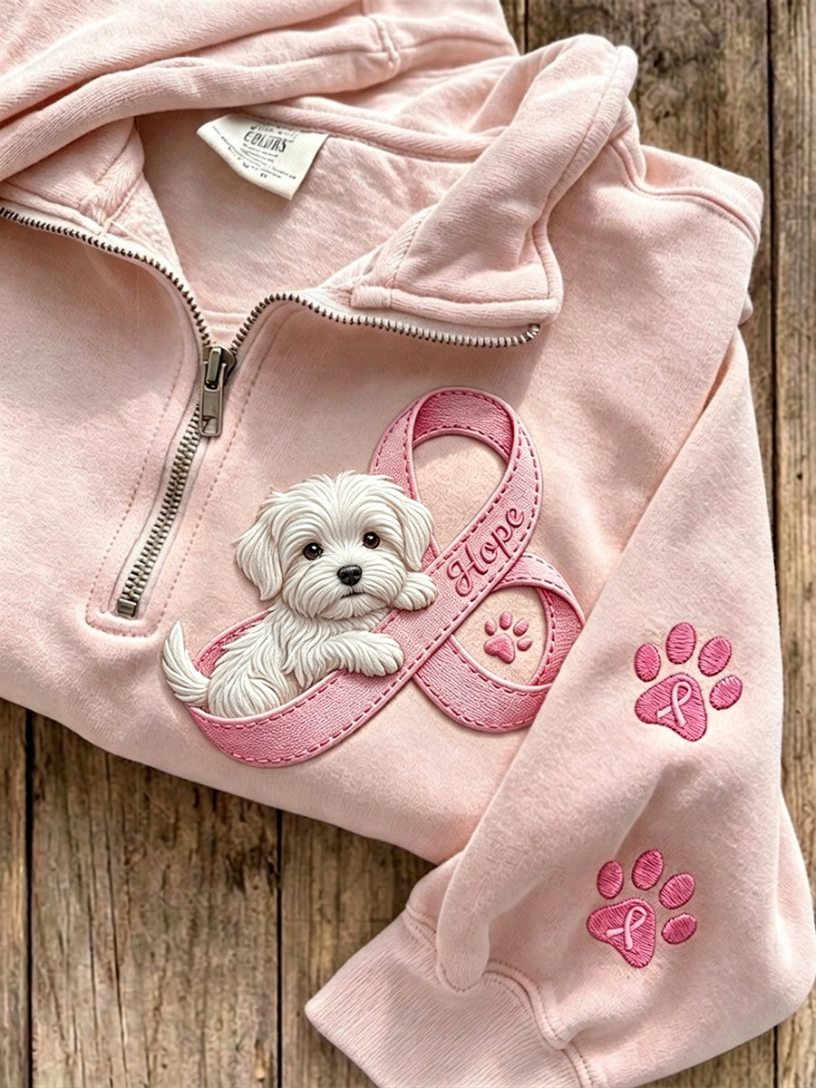 Roze lint-voorschootje voor vrouwen met Maltezer hond en pootafdrukken, sweater met rits