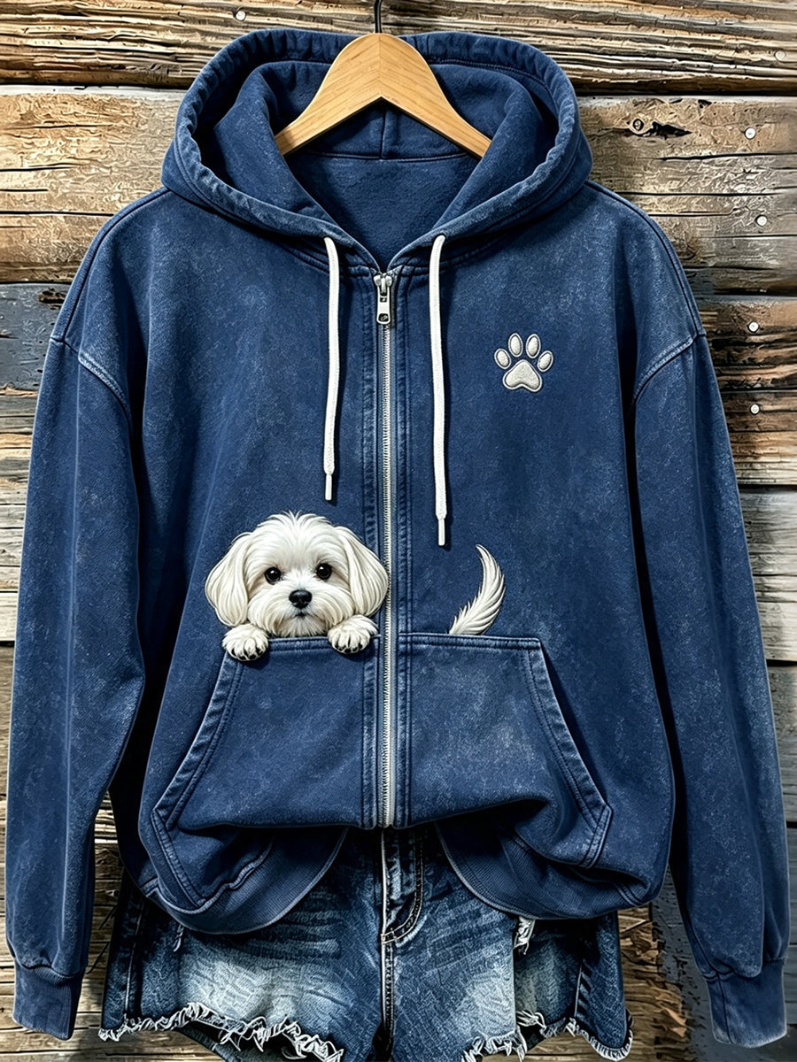 Damesmooie knuffelige Maltezer hond met pootafdrukken, gezellige hoodie met rits
