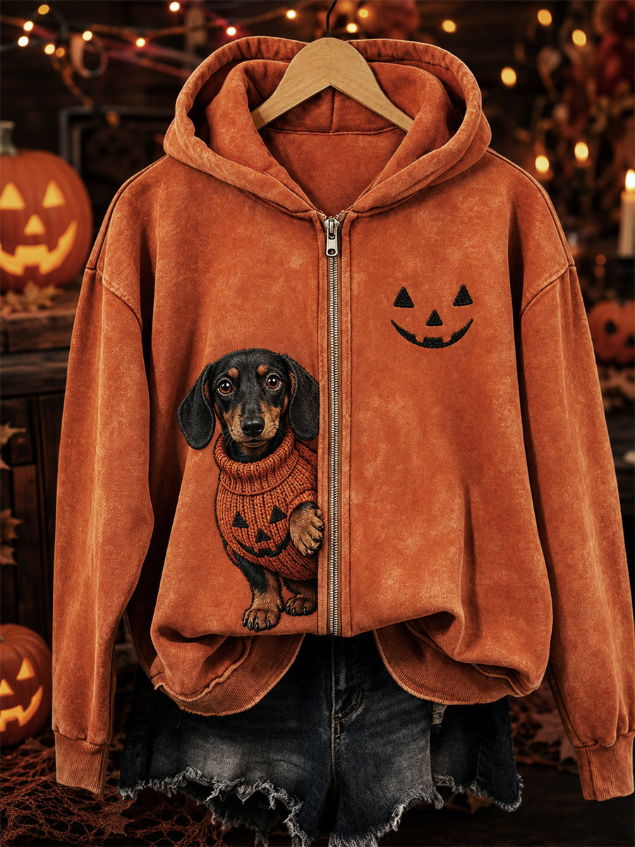Dameshalloween-hoodie met rits en opdruk van een piepende teckel en pompoengezicht