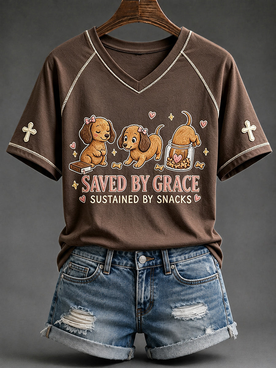 Dames gered door Grace aangehouden door snacks Teckel print V-hals T-shirt met korte mouwen