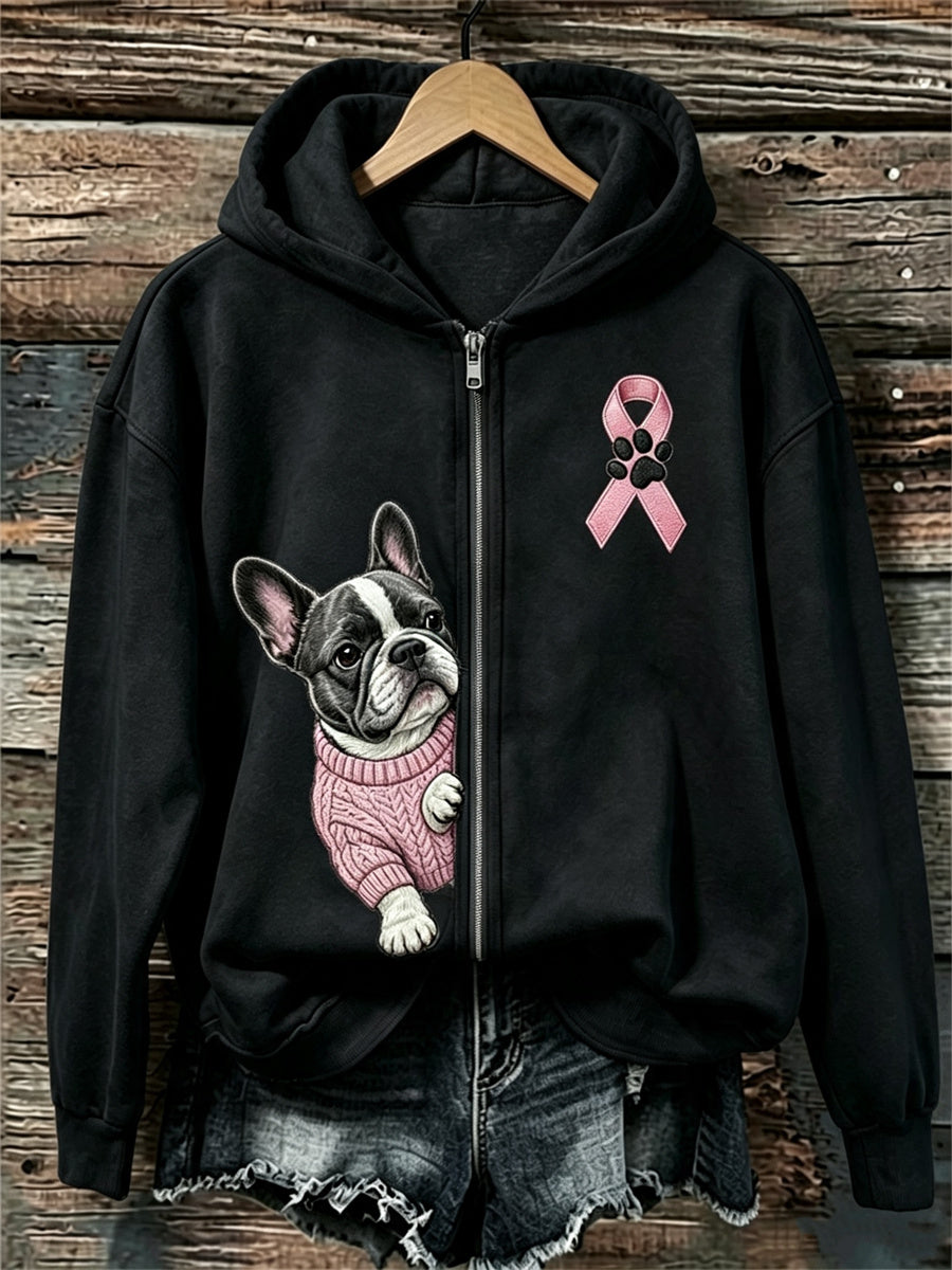 Dameshoody met rits en print van Franse bulldog die door roze lint kijkt, ter bewustwording van borstkanker