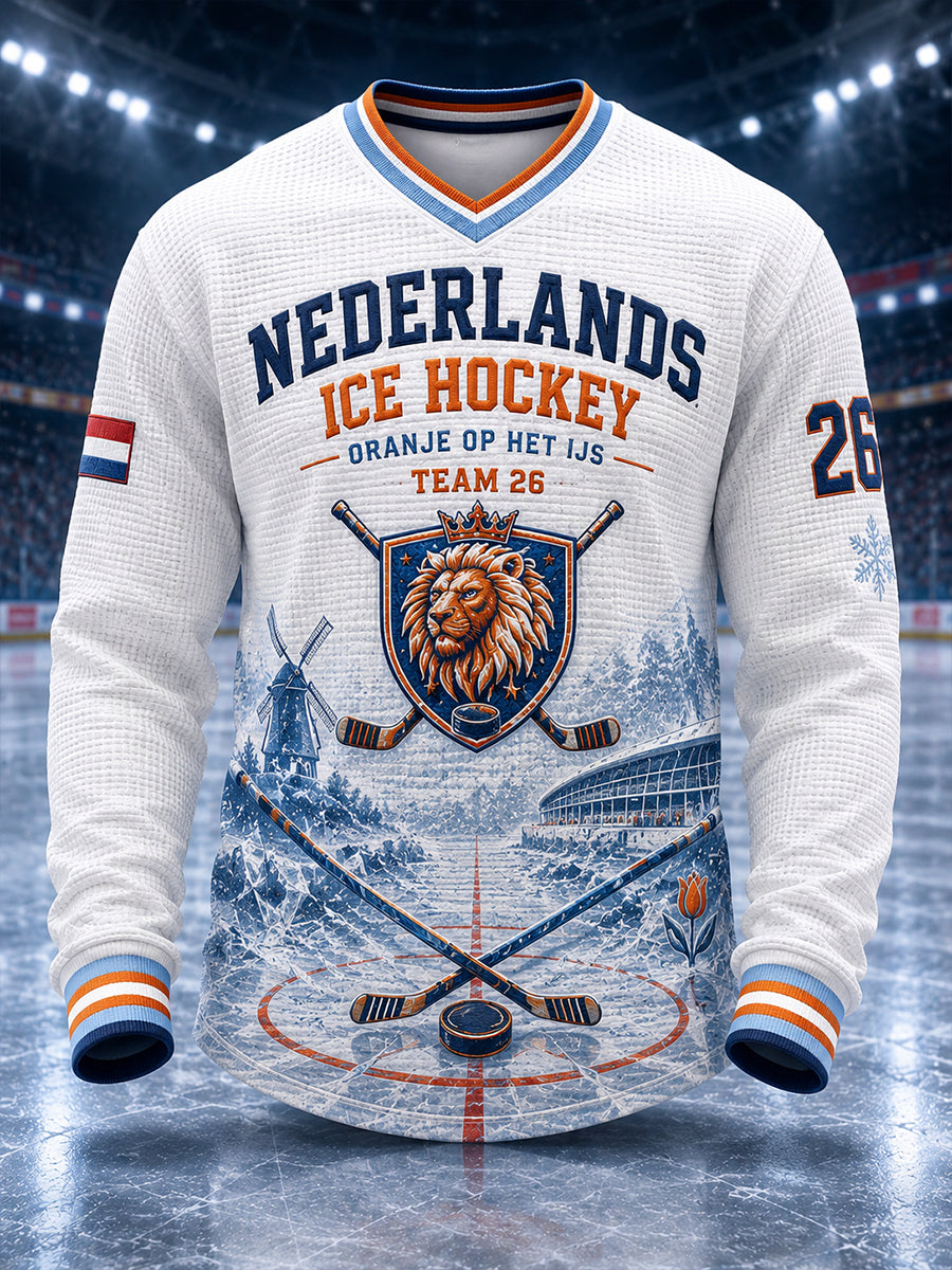 Heren wafel-gebreide lange mouw V-hals top met ijshockey-thema-print