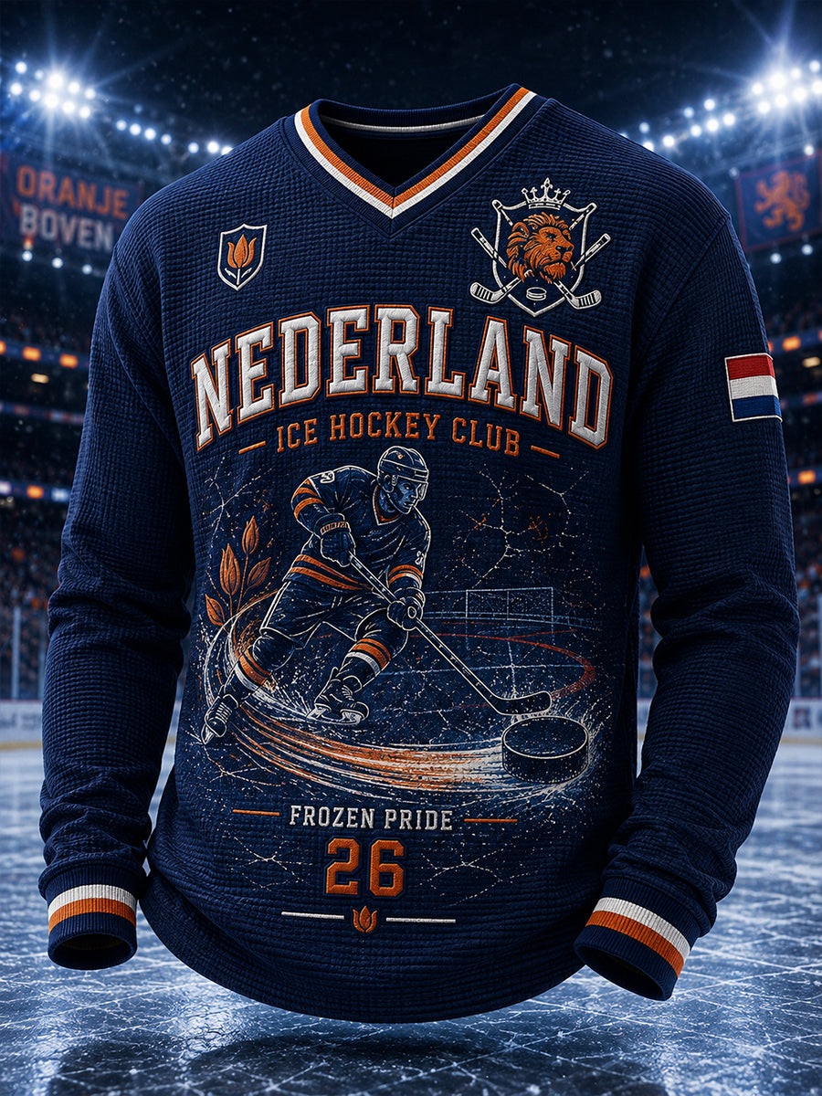 Herenhemd met wafelpatroon, lange mouwen en V-hals, met een print met ijshockeythema