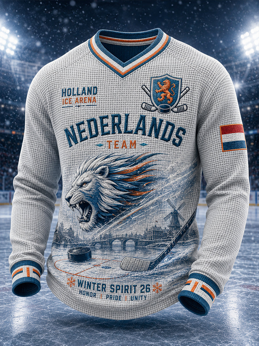 Herenhemd met wafelpatroon, lange mouwen en V-hals, met een print met ijshockeythema