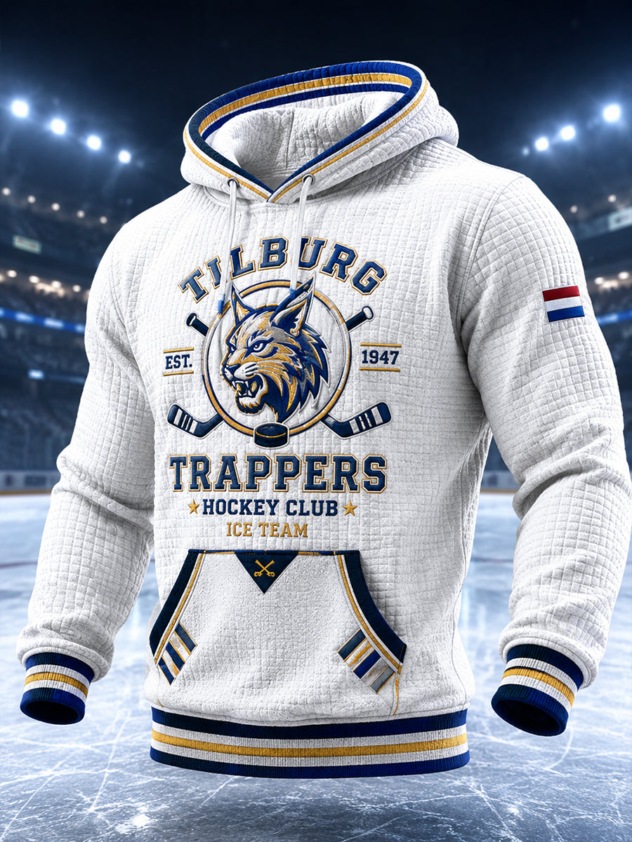 Herenhoodie van wafelbreiwerk met lange mouwen en een print met ijshockeythema