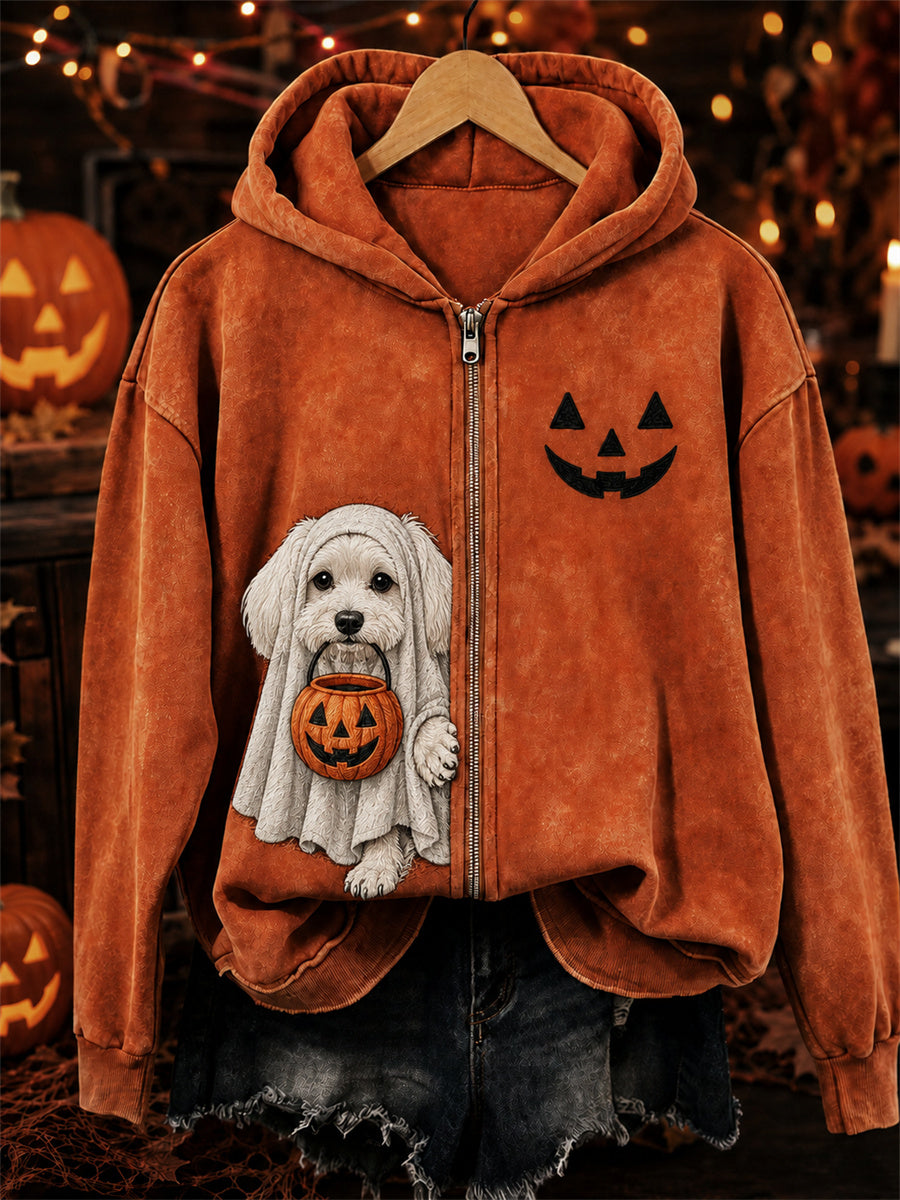 Dameshalloween-hoodie met rits en print van een glurend Maltezer hondje als spook