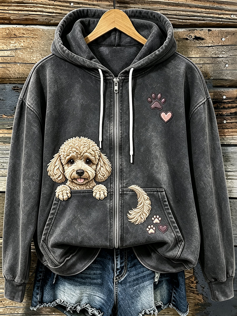Vintage griezelpoedel en-poten voor dames print knusse hoodie met rits