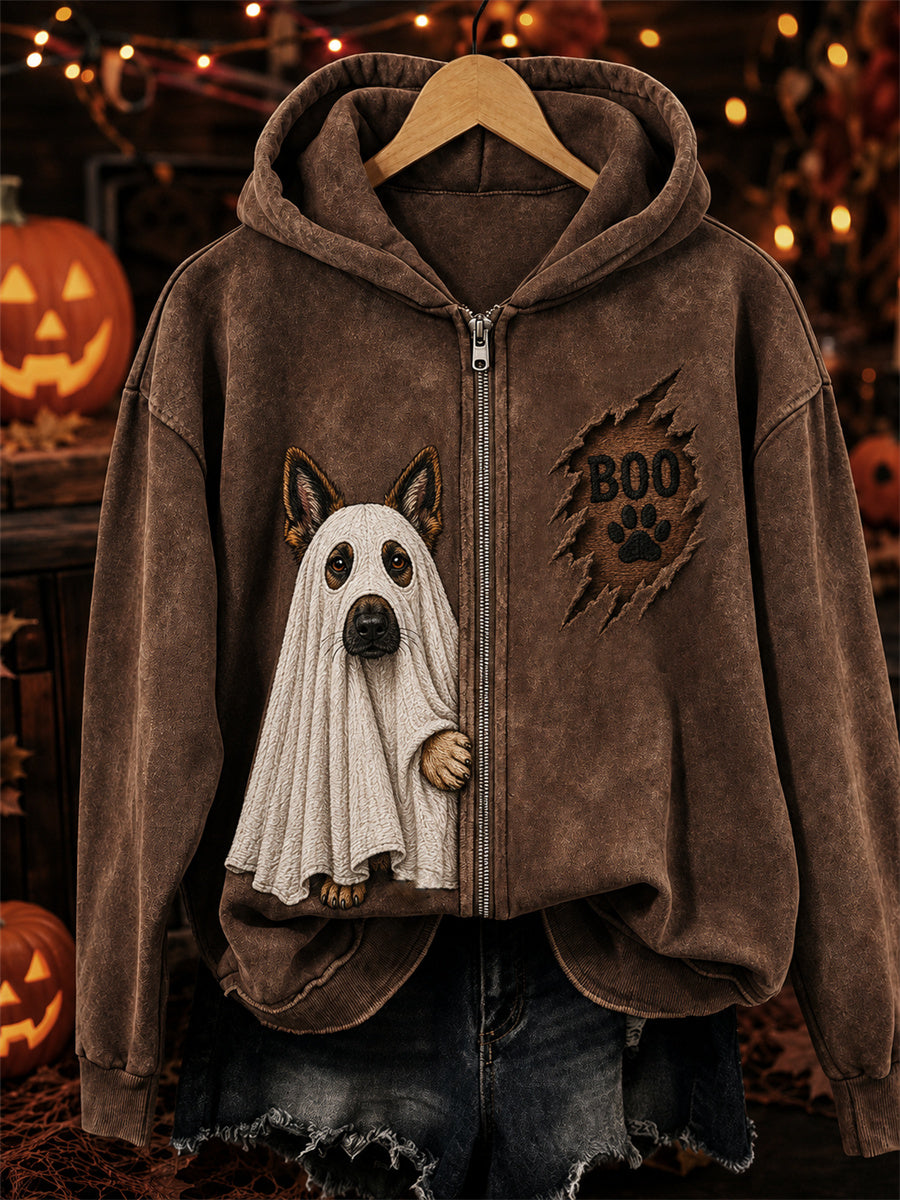 Dames-halloweenhoodie met kijkende Duitse herder en spook, volledige ritssluiting