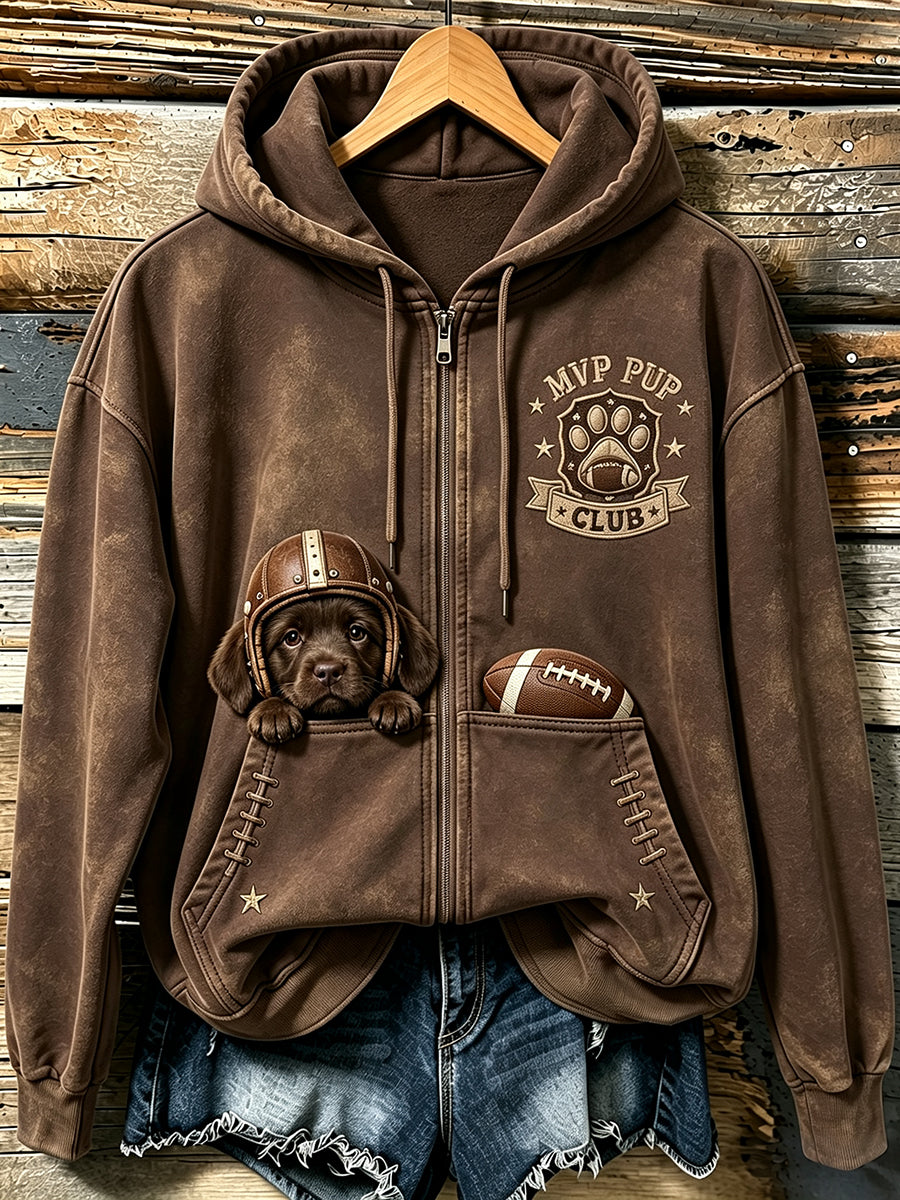 Damesmooie voetbalhoodie met labradorretrieverprint en rits, zeer comfortabel