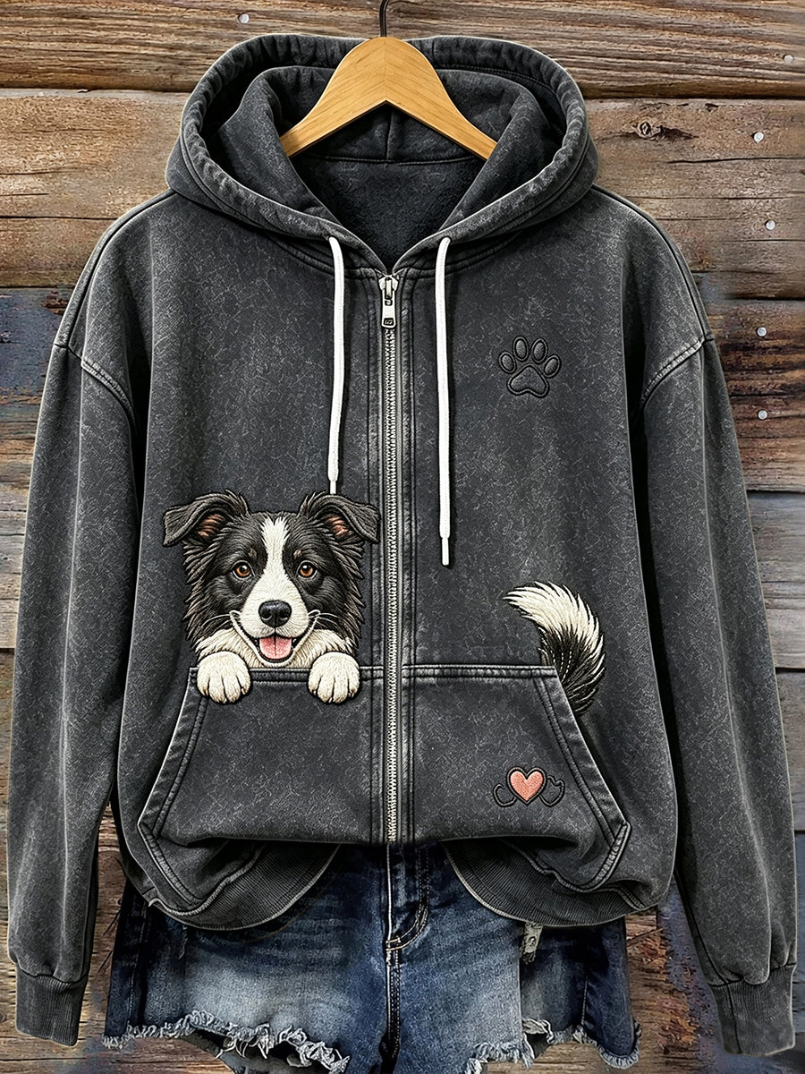 Vintage pruikende border collie & paw print knusse hoodie met ritssluiting voor dames