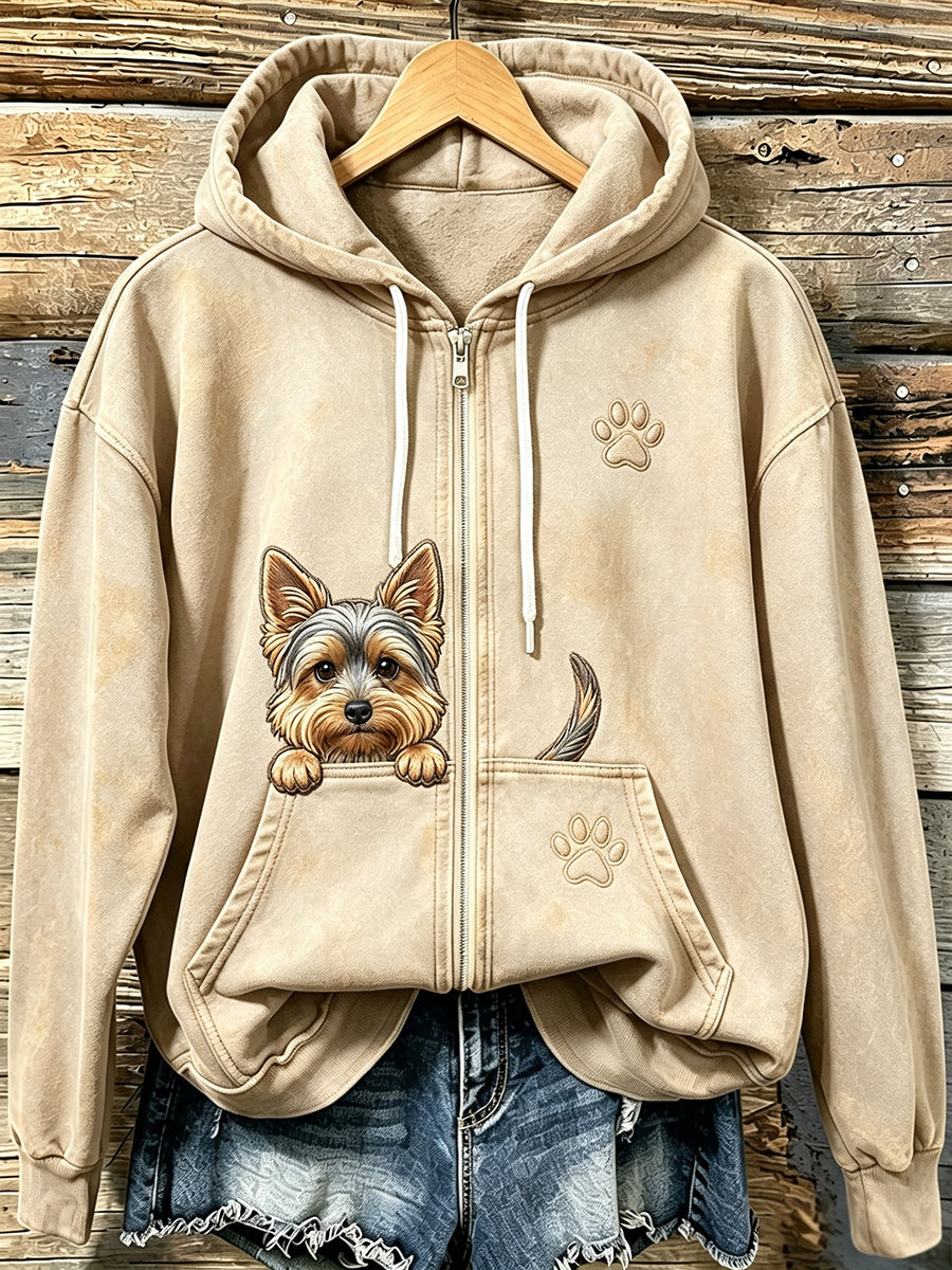 Damesmutsjack met schattig yorkiepuppy en pootafdrukken, met rits voor extra warmte