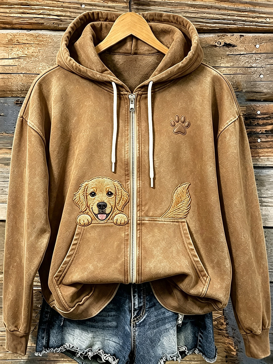 Schattige griezelige gouden retriever voor dames met paw-print, knusse hoodie met ritssluiting