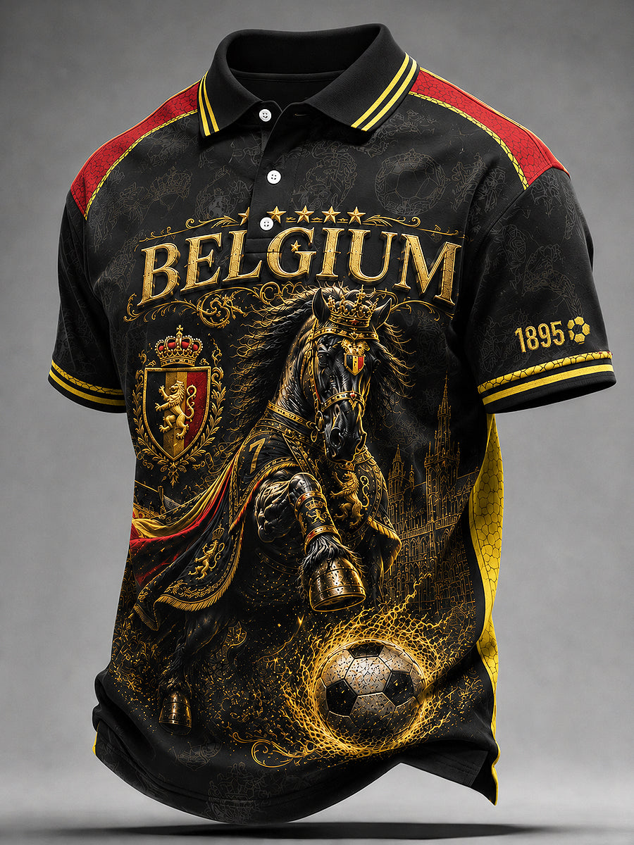 Herenpolo met Belgische voetbalprint, casual overhemd met korte mouwen en kraag