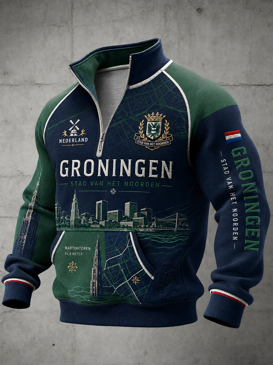 City-thema met grafische print Raglan-mouw sweatshirt met ritssluiting voor heren