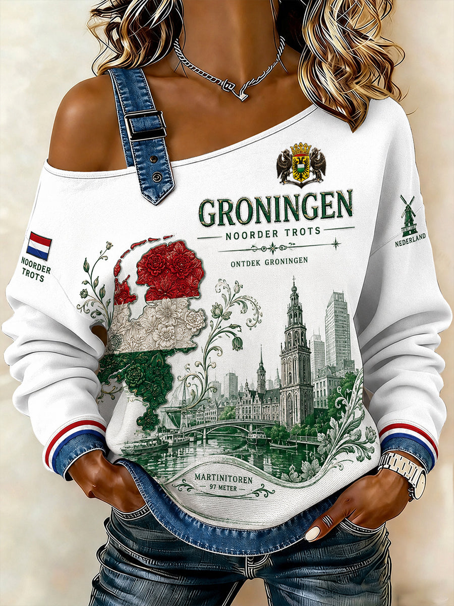City-thema print off-shoulder lange mouw sweatshirt met bandjes voor dames
