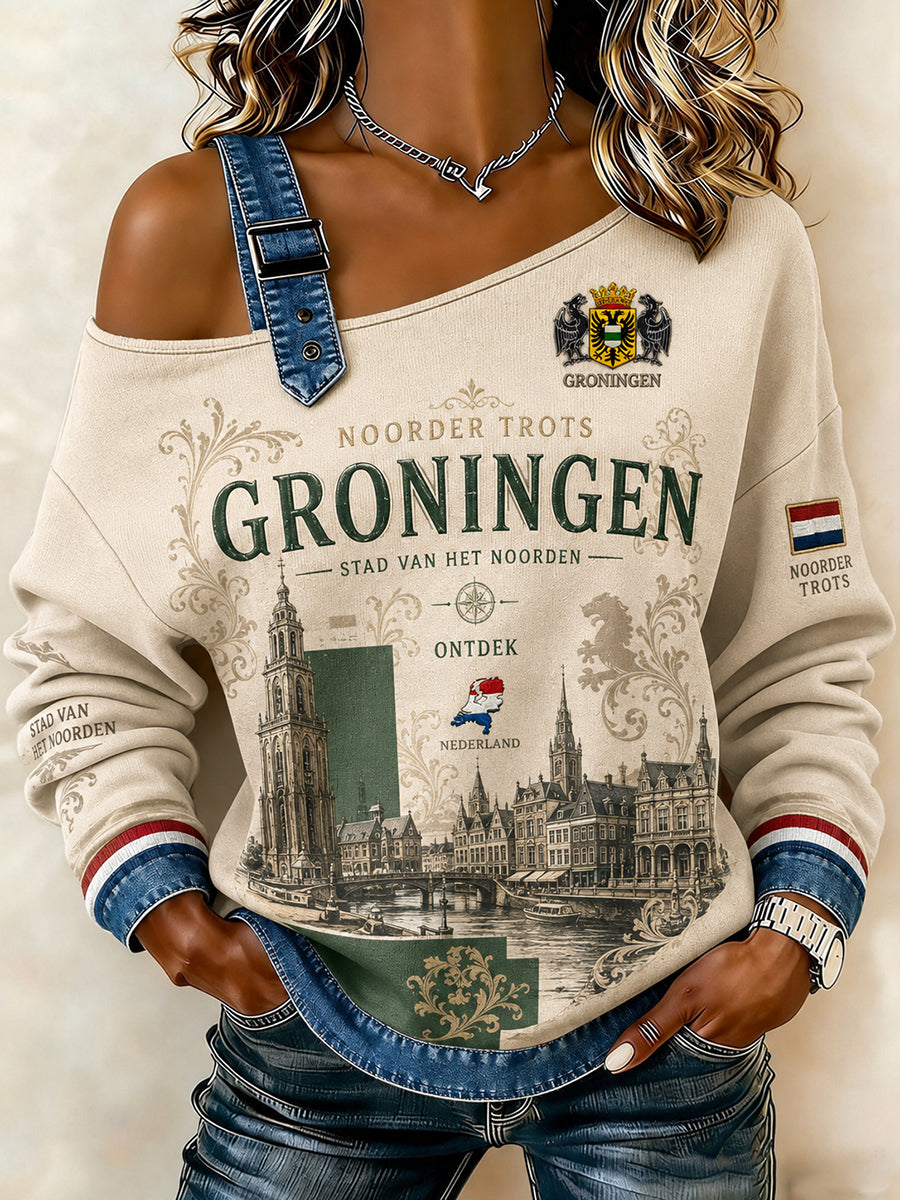 Dames-sweatshirt met stadsprint, schouderloos, lange mouwen en bandjes