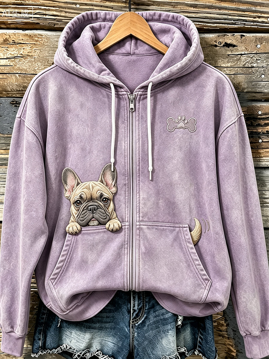 Schattige, knusse hoodie voor dames met rits en een uitdagend kijkende Franse bulldog en pootafdrukken