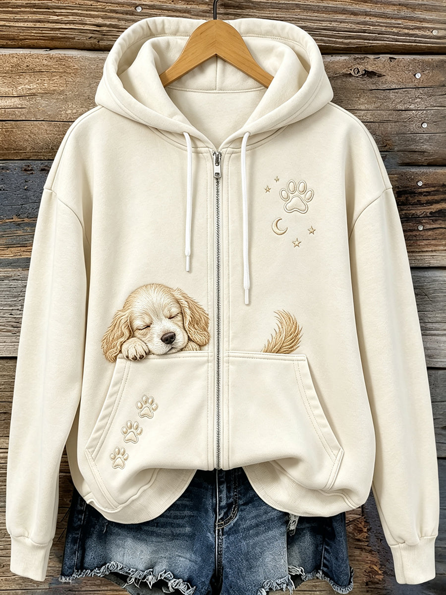 Schattige slapende hond en poten voor dames print knusse capuchon met ritssluiting