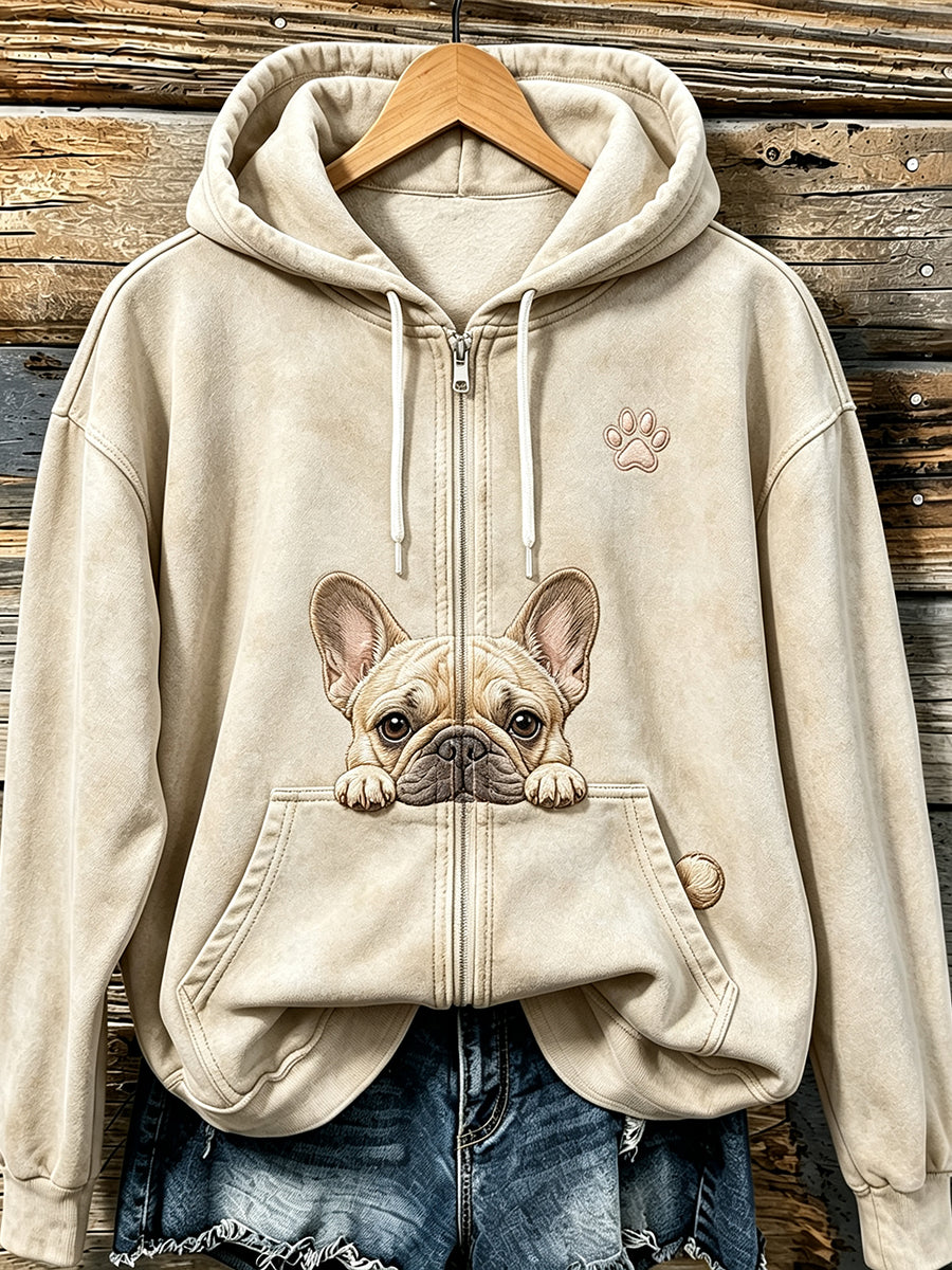 Schattige griezelige Franse Bulldog & Paw-print knusse hoodie met rits