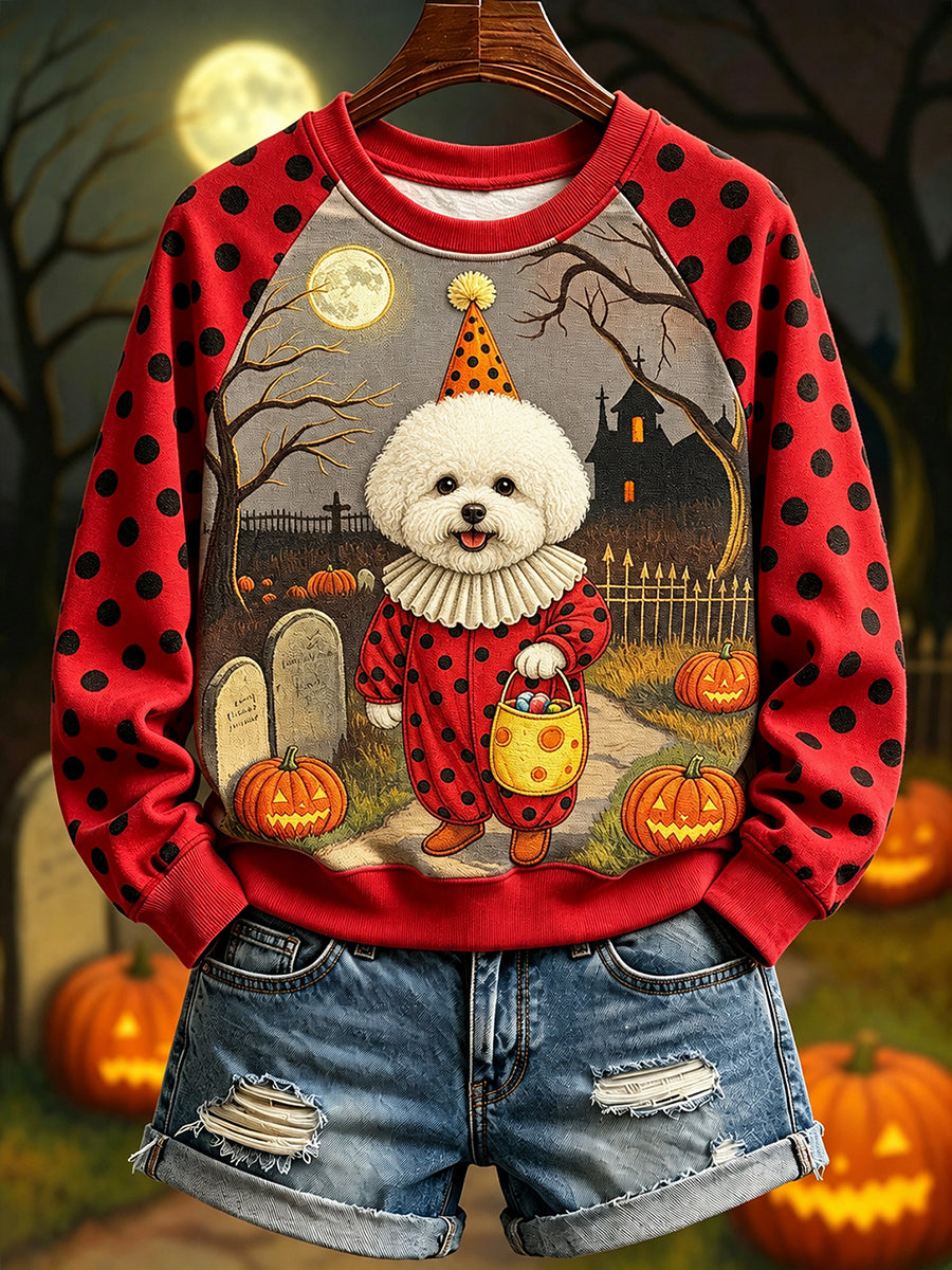 Bichon Frise in clown voor dames kostuum voor Halloween Raglan mouw Sweatshirt
