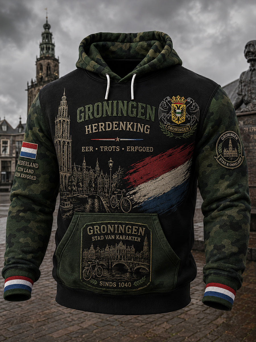 Herenhoodie met retro stadsprint en lange mouwen