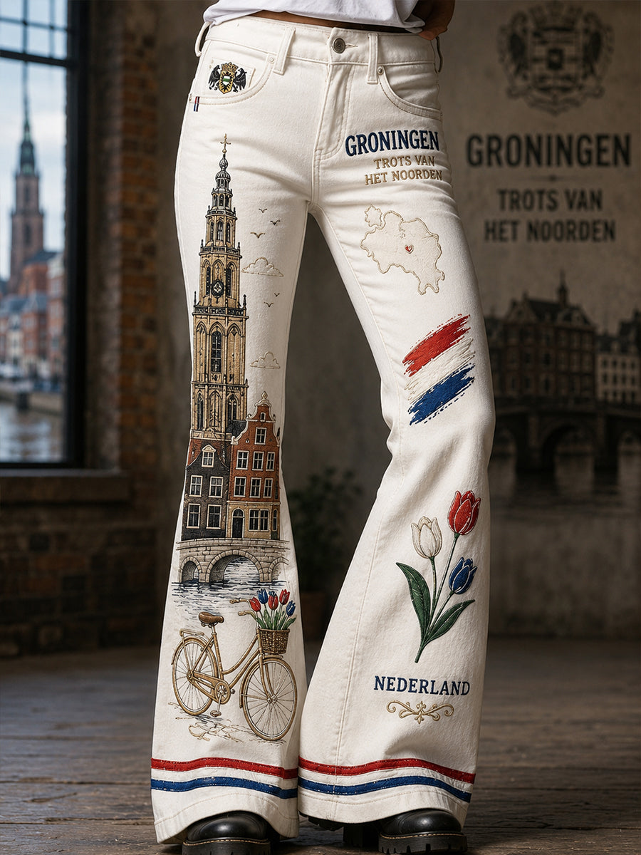 Damesbroek met lang uitlopende pijpen, in vintagestijl, met bloemen- en stadsbeeldprint als souvenir