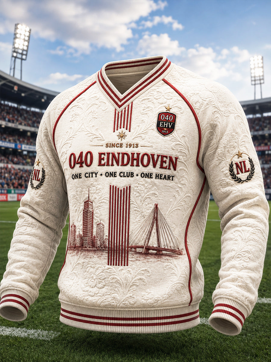 Gebroken witte voetbalclub PSV Eindhoven heren casual V-hals sweatshirt met print
