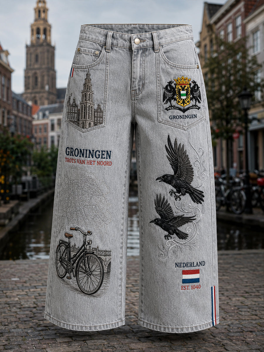 Damesjeans in vintagestijl met prints geïnspireerd door stads souvenirs
