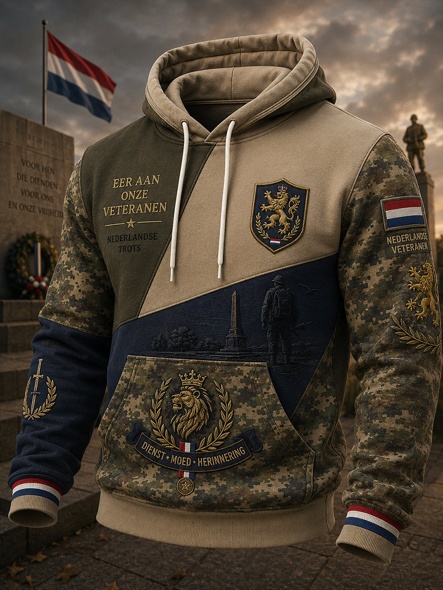 Herenvintage camouflage Hoodie met lange mouwen en veteraan herdenkingsopdruk