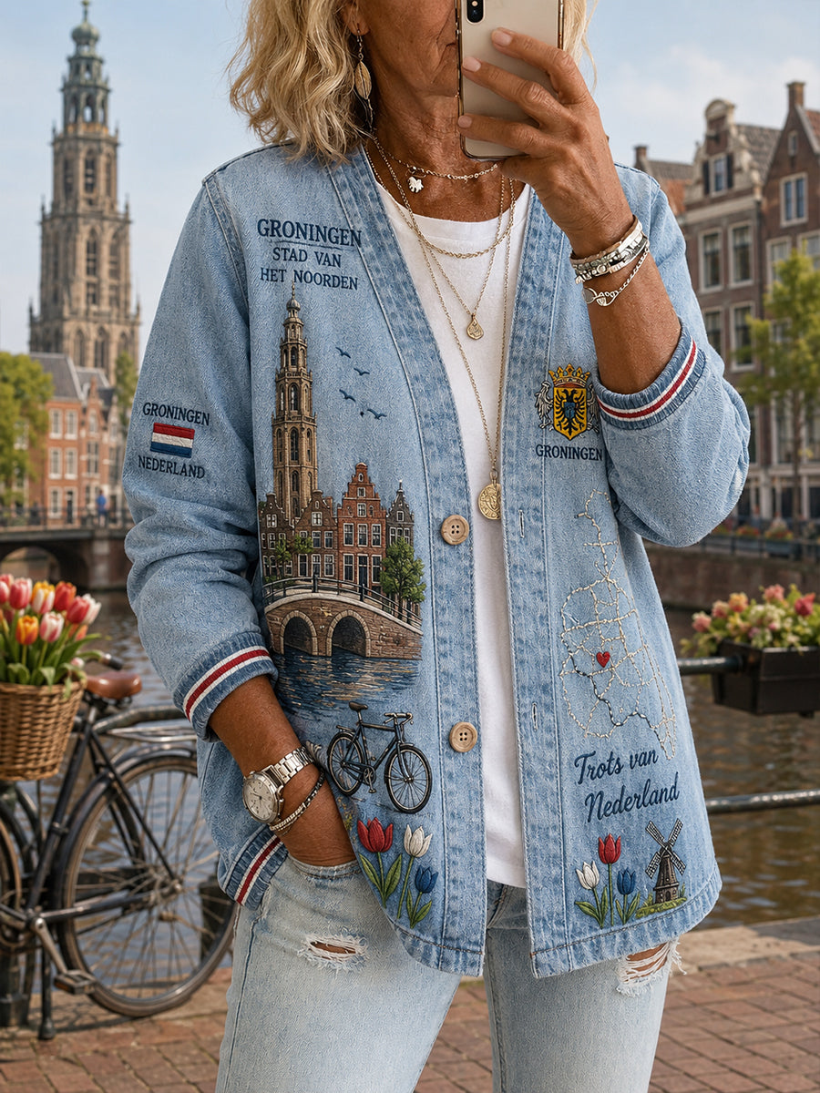 Casual damesjack met vintage City Souvenir-stijl print