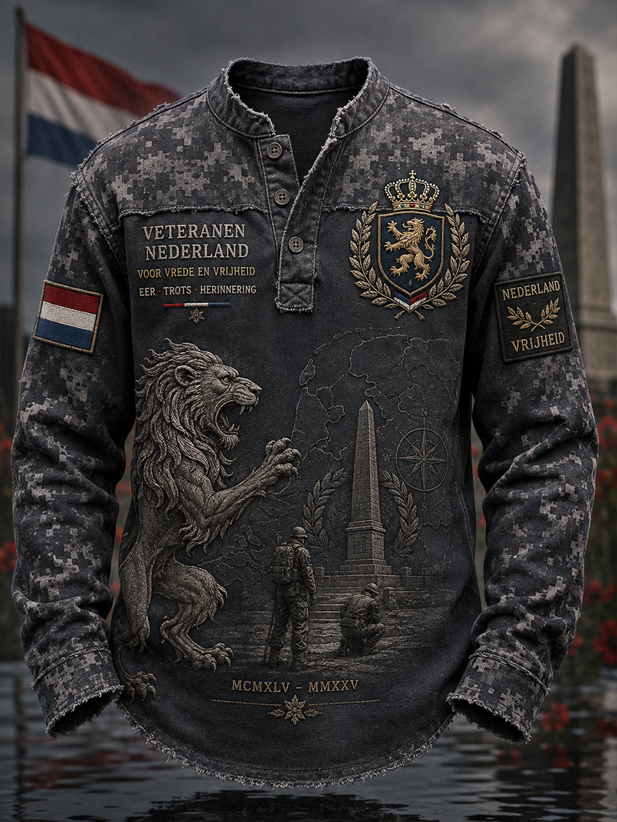 Herenhemd met lange mouwen en vintagecamouflage- en militair geïnspireerde motieven