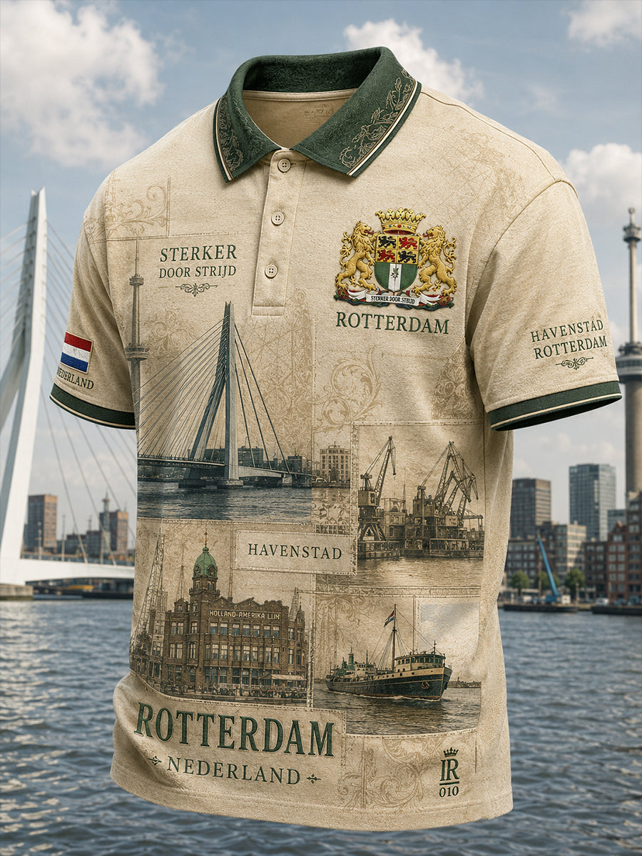 Herenpoloshirt met korte mouwen en vintageprint in souvenirstijl van een stad