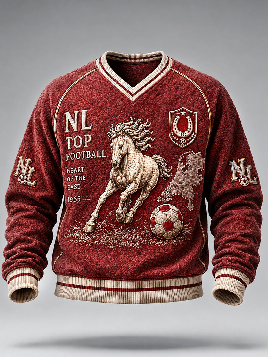 Rood heren-Eredivisie FC Twente-zweetshirt met paardenprint en v-hals voor dagelijks gebruik