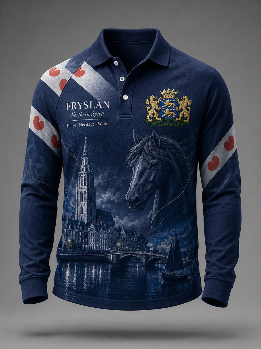 Herenpoloshirt met lange raglanmouwen en grafische print met stadsdesign
