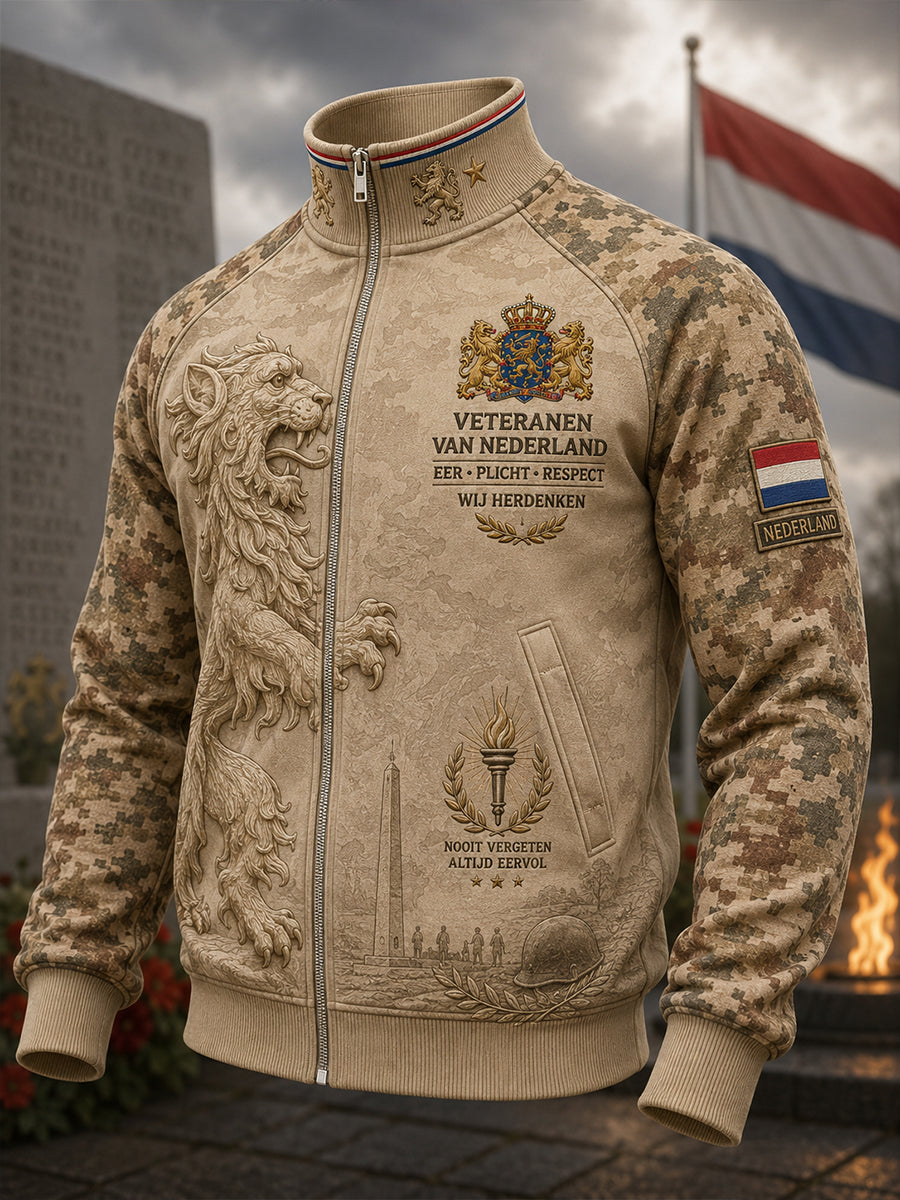 Herenjack met vintageprint in militaire stijl en raglanmouwen, met rits vooraan